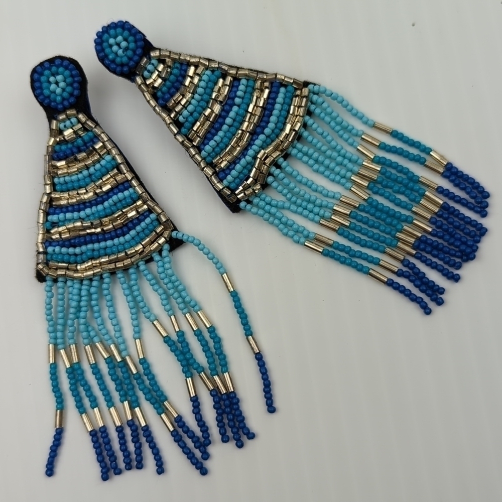 ANTHROPOLOGIE Beaded Dangle Earrings Blue Silver 4" long